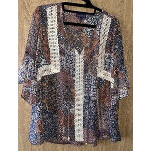 Women's  L  Artesia Boho Sheer  Peasant 3/4 Bell Sleeve Lace Trim V-Neck Blouse